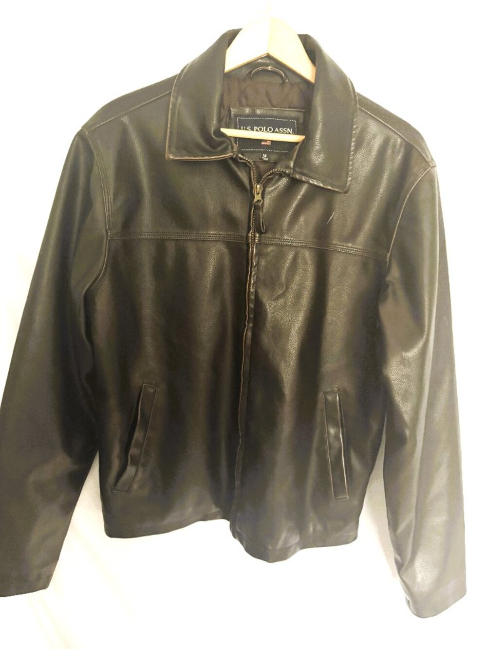 US Polo Association (Official) Mens Black Faux Leather Jacket Zip Collared Med